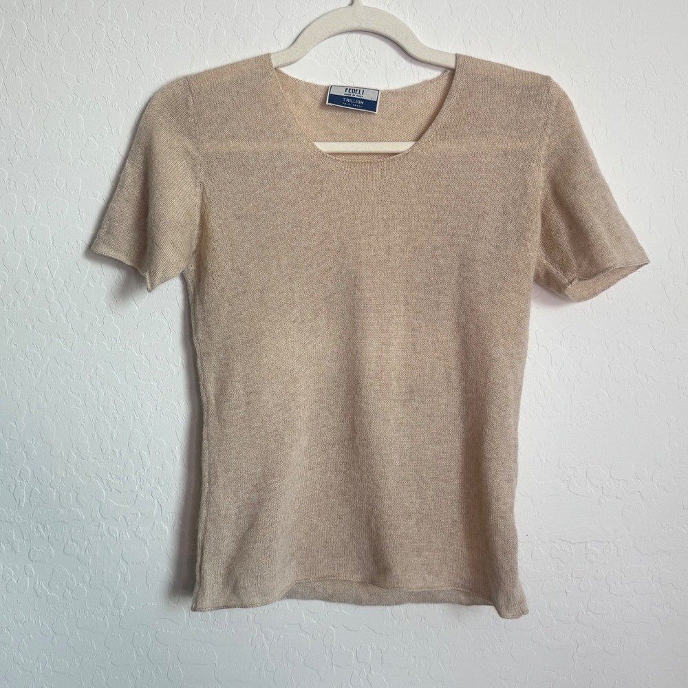 Fedeli Trillion Palm Beach Beige 100% Cashmere Short Sleeve Sweater Italy 48